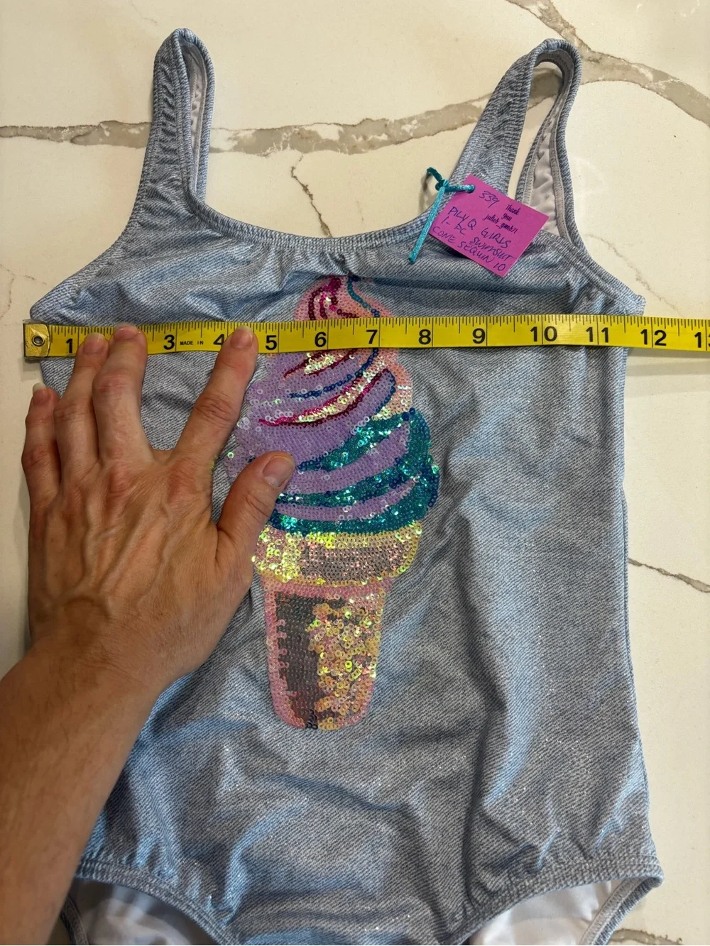 Pilyq Light Blue Girls One-Piece Swimsuit with Rainbow Sequin Ice Cream Cone 10